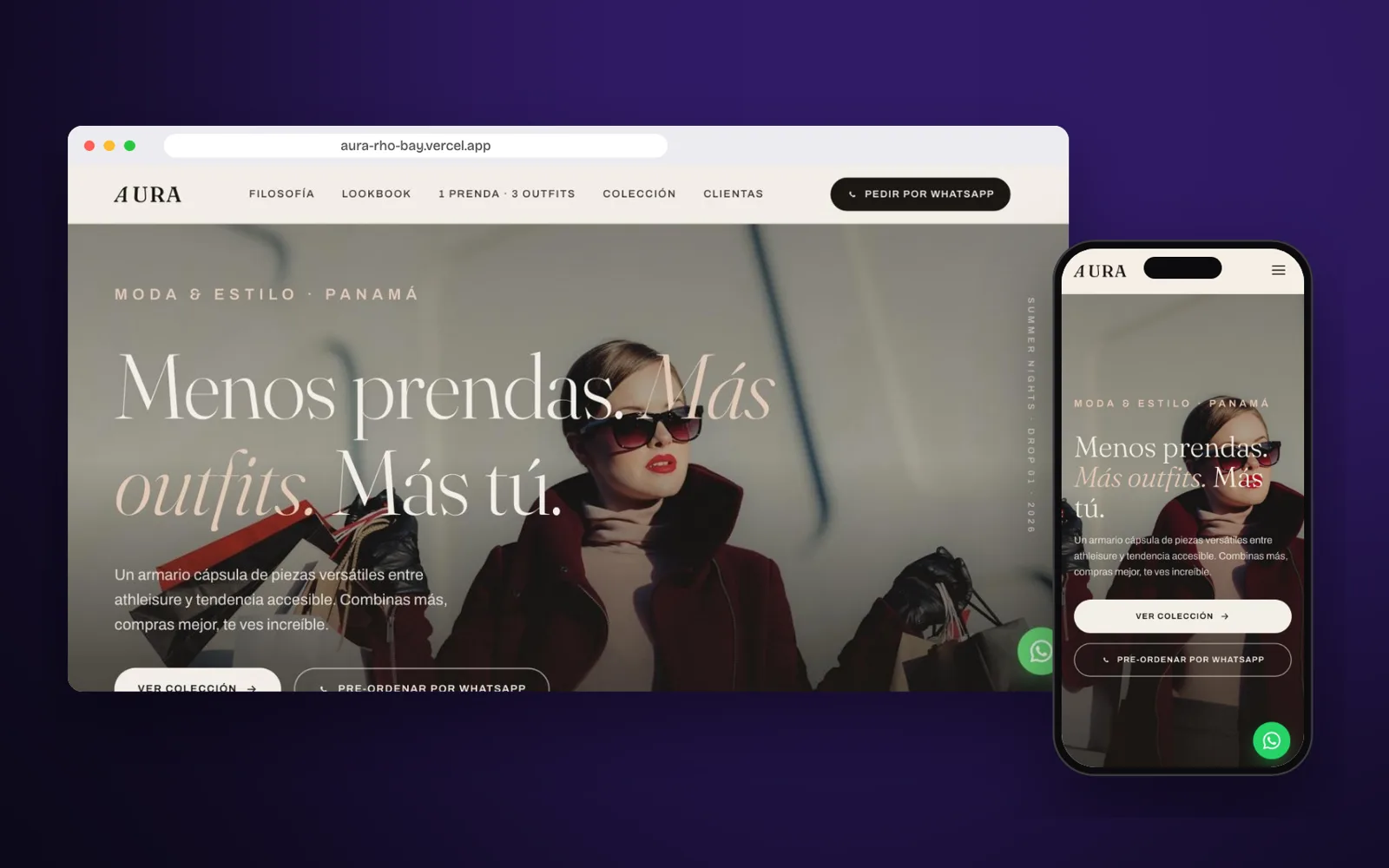 Web de AURA, moda, en escritorio y celular
