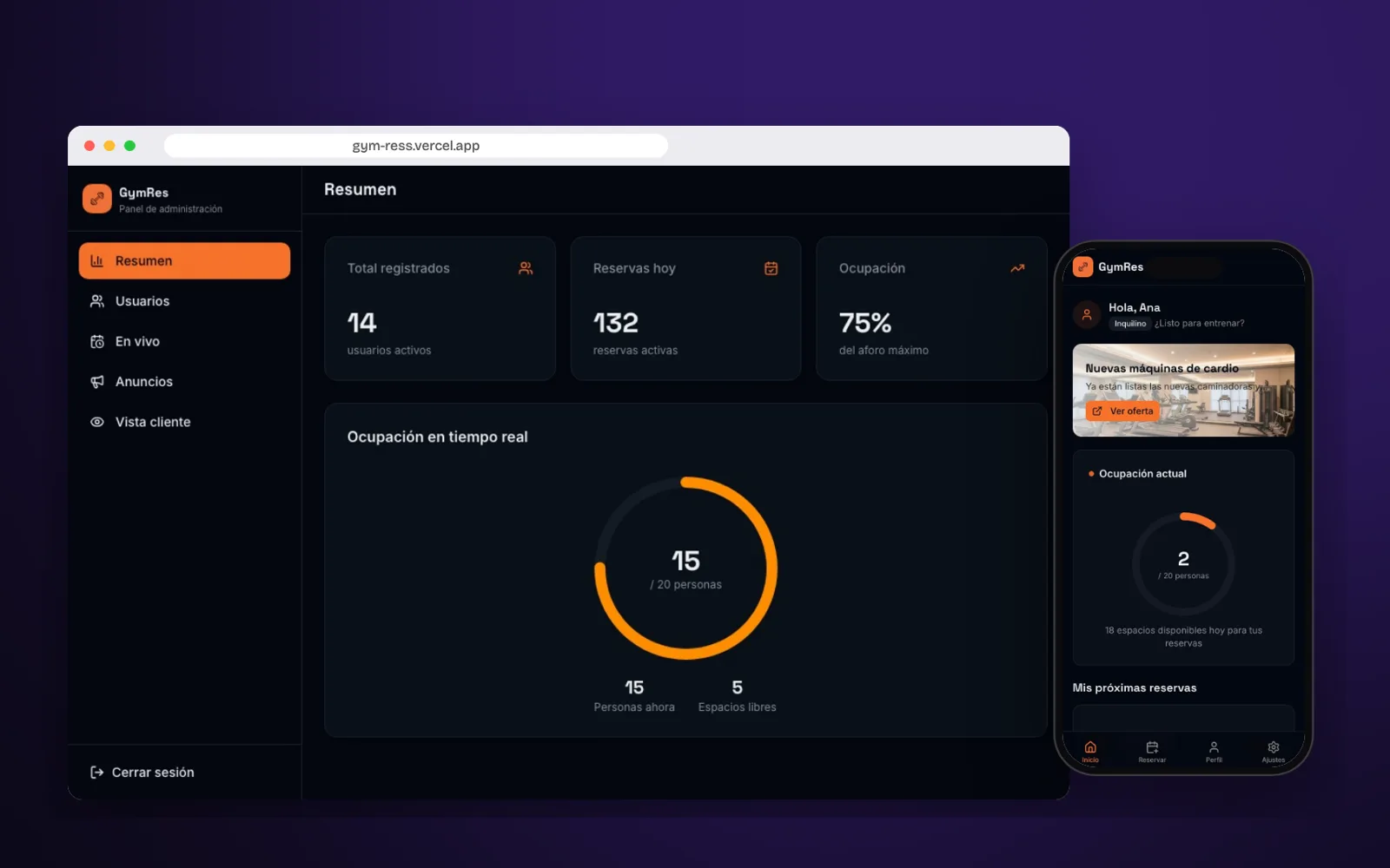 GymRes · app de reservas de gimnasio, vista escritorio y celular