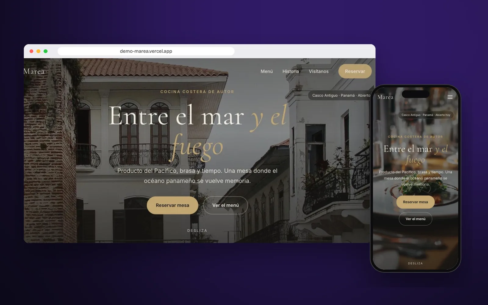 Web de Marea, restaurante, en escritorio y celular