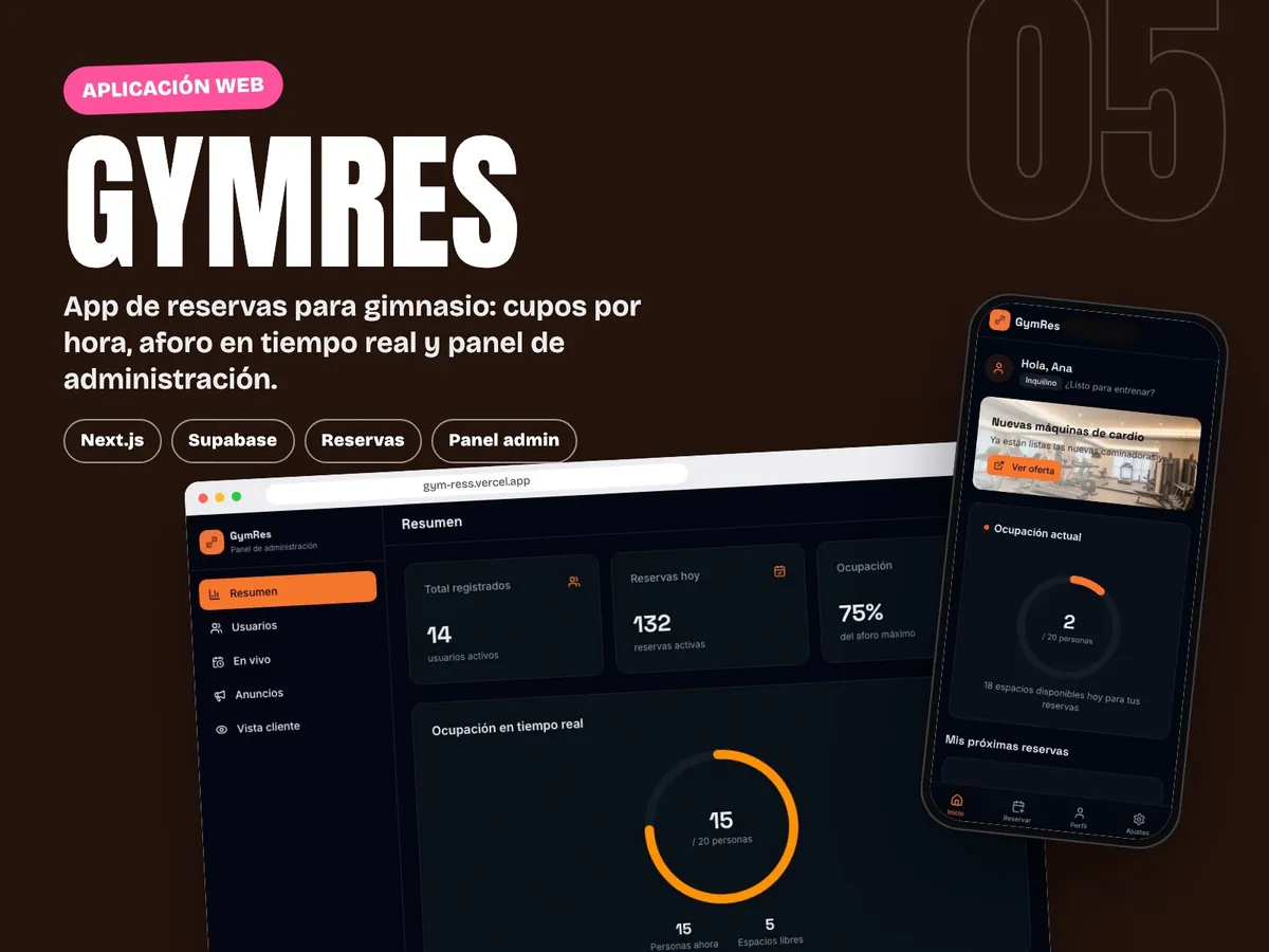 GymRes · app de reservas de gimnasio, vista escritorio y celular