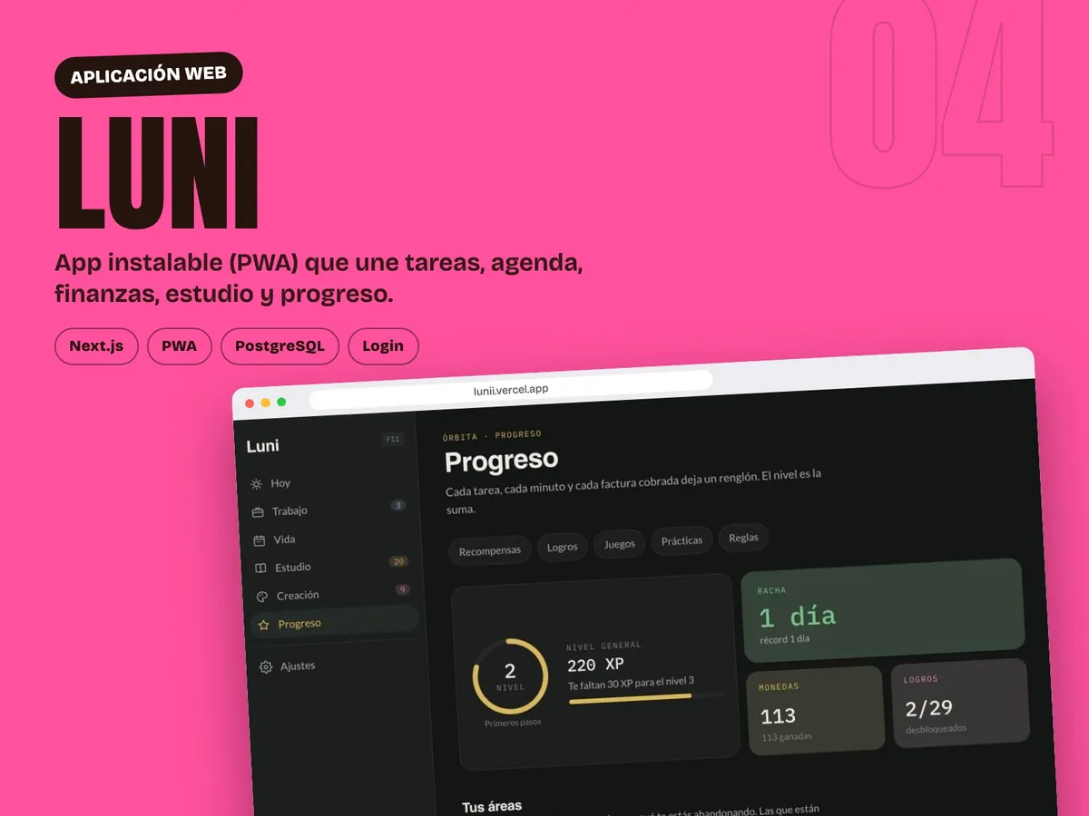 Cover of the Luni project, a productivity web app